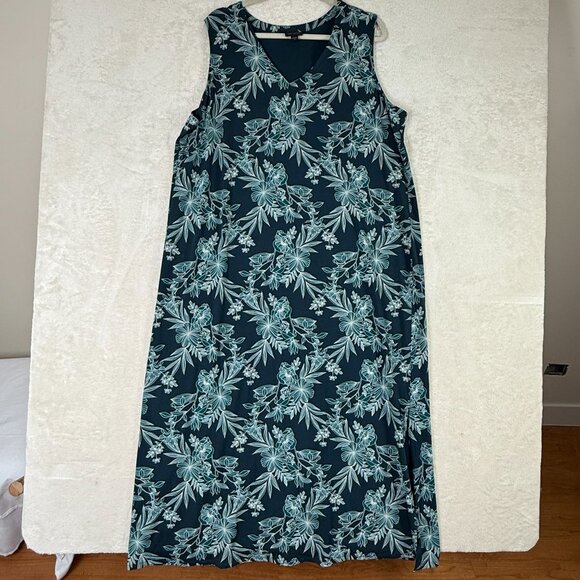 J.Jill Wearever Woman 2x Column Dress in Black Teal Sketched Tropical Wrinkle - Picture 1 of 11